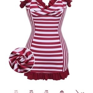 1 WINE RED 1950S STRIPE HEART COLLAR SWIMSUIT & 1 Red w Polka Dots